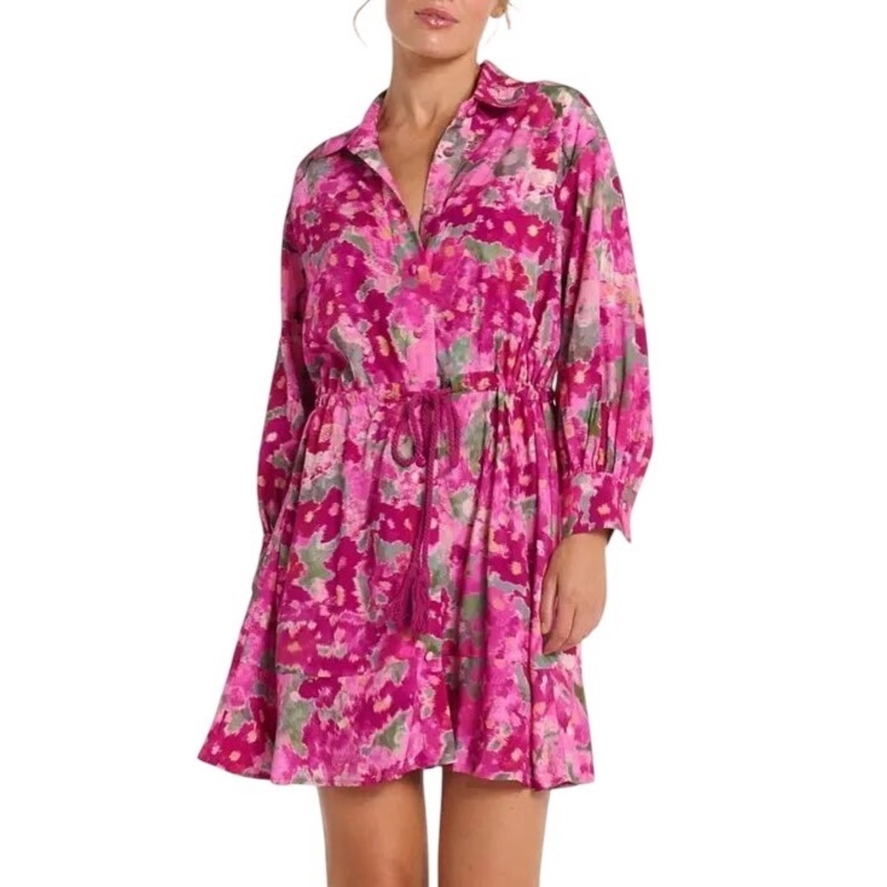 Hermoza Rebecca Collared Mini Dress Scarlet Ikat Pink Floral Viscose Medium